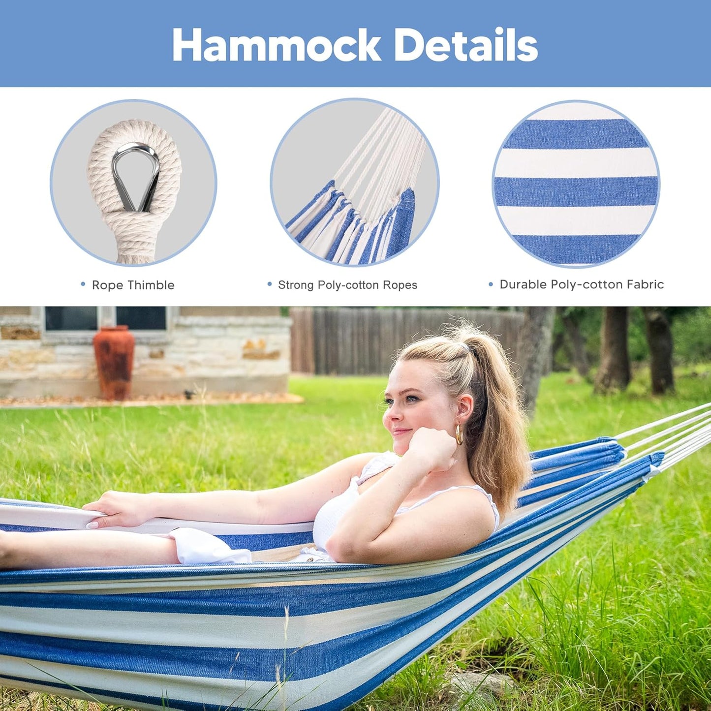 Backyard Hammock with Frame, Hammock Frames for Outside, 475 Lbs Capacity, Blue & White Stripes
