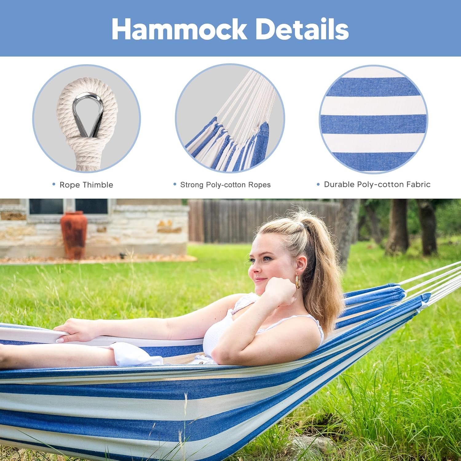 Backyard Hammock with Frame, Hammock Frames for Outside, 475 Lbs Capacity, Blue & White Stripes