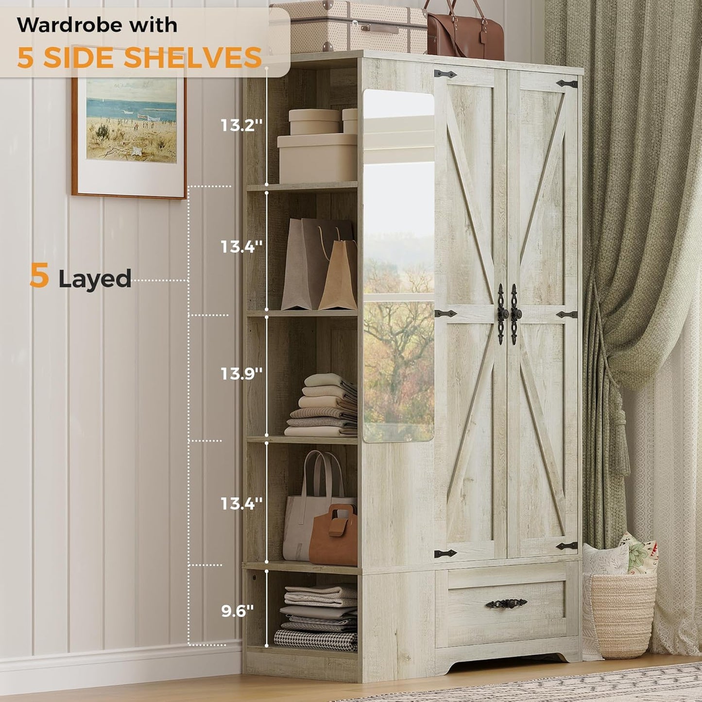 Armoire Wardrobe Closet with Mirror, 70" H Wooden Bedroom Armoires and Wardrobes with 2 Doors, 5 Shelves，Hooks and Drawer, Clothing Storage Cabinet with Hanging Rod, Rustic Maple