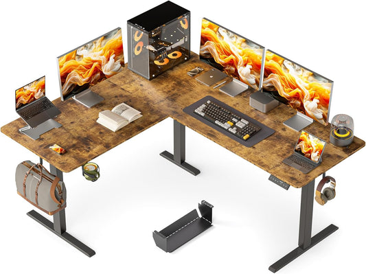 75X61 Inches Reversible L Shaped Standing Desk Height Adjustable with Cup Holder, Electric Corner Computer Workstation for Home Office, Ergonomic Sit Stand up Gaming Desk, Black
