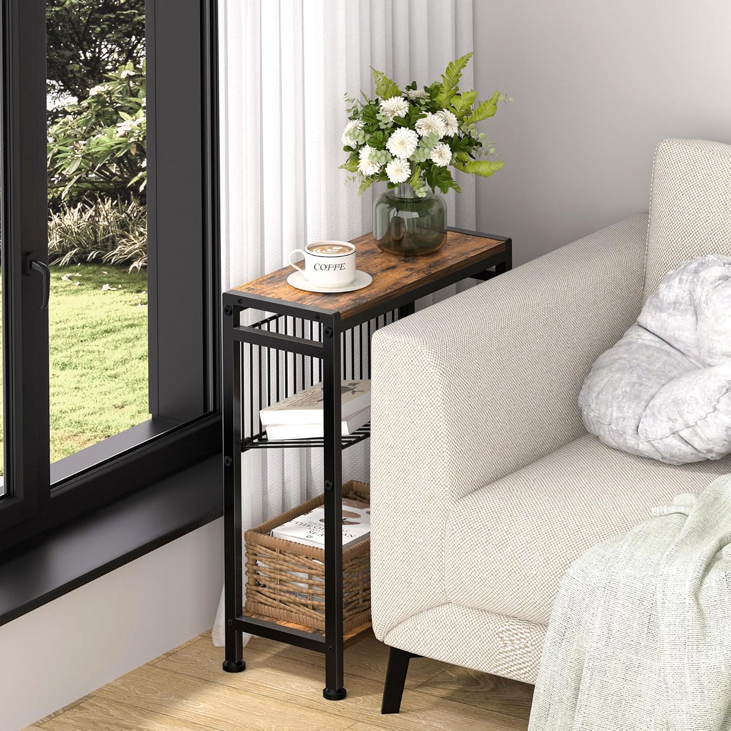 Small Side Table for Small Space, 3-Tier Narrow End Table with Magazine Holder,Slim Nightstand, Skinny Snack Couch Table in Living Room, Bedroom Study and Balcony (Rustic Brown &Black)