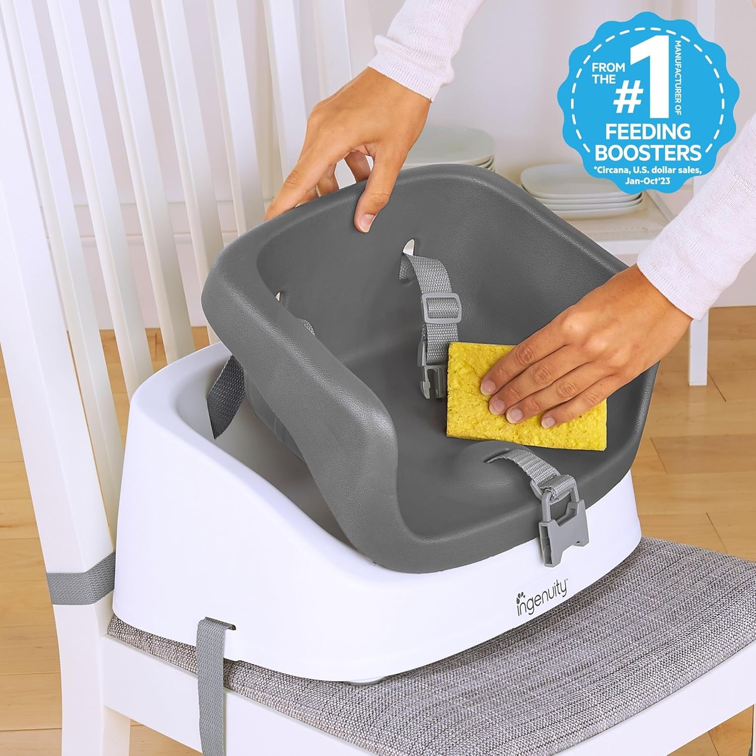 Smartclean Toddler Booster Seat for Kitchen Chair – Lightweight for On-The-Go, Easy-Clean, 3-Point Harness Strap – Booster Seat for Dining Table, Slate