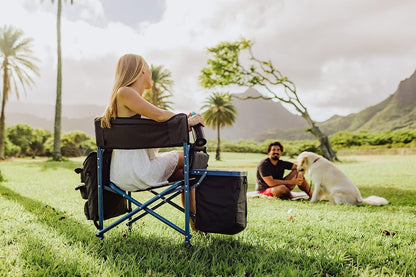 Fusion Camping Chair with Side Table and Soft Cooler, Outdoor Foldable Padded Camping Chairs with Cup Holder for Lawn, Beach, & Sports Use for Adults, (Dark Gray Blue Accents)