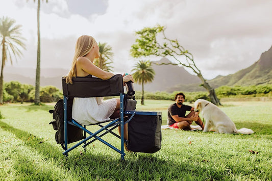 Fusion Camping Chair with Side Table and Soft Cooler, Outdoor Foldable Padded Camping Chairs with Cup Holder for Lawn, Beach, & Sports Use for Adults, (Dark Gray Blue Accents)