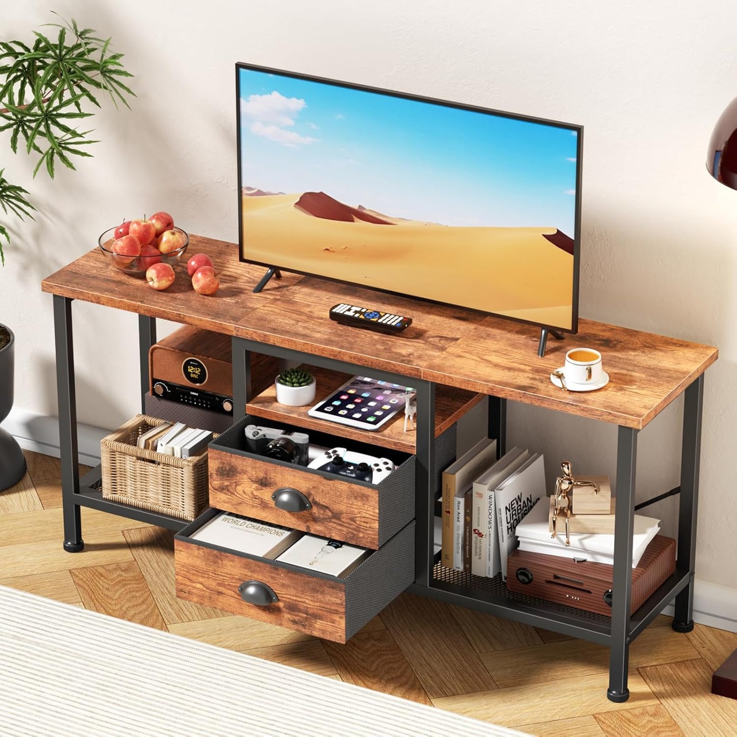 TV Stand with 2 Fabric Drawers, 43 Inch Entertainment Center with Open Storage Shelves, Media Console Table for Bedroom, Living Room, Rustic Brown