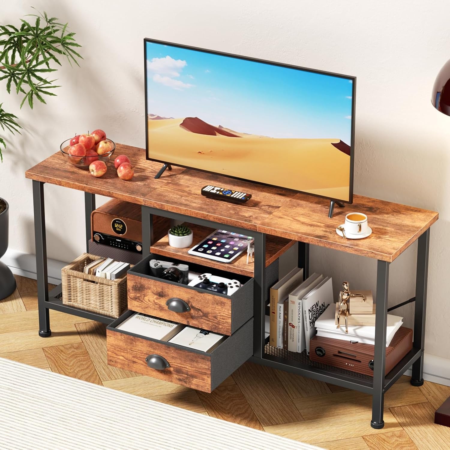 TV Stand with 2 Fabric Drawers, 43 Inch Entertainment Center with Open Storage Shelves, Media Console Table for Bedroom, Living Room, Rustic Brown