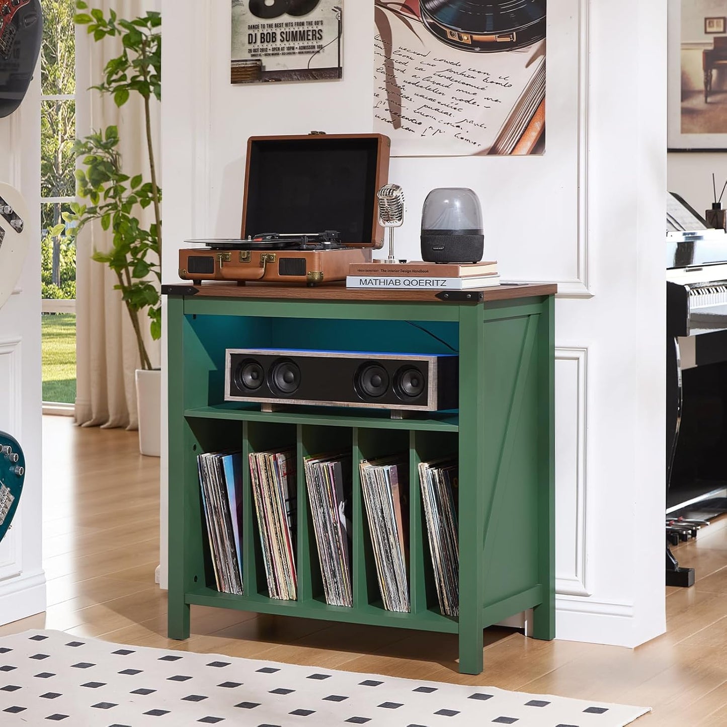 Large Record Player Stand with Charging Station & LED Lights, Black Vinyl Record Storage Holder Holds up to 230 Albums, Turntable Stand with Display Shelf for Music Room Bedroom Living Room.