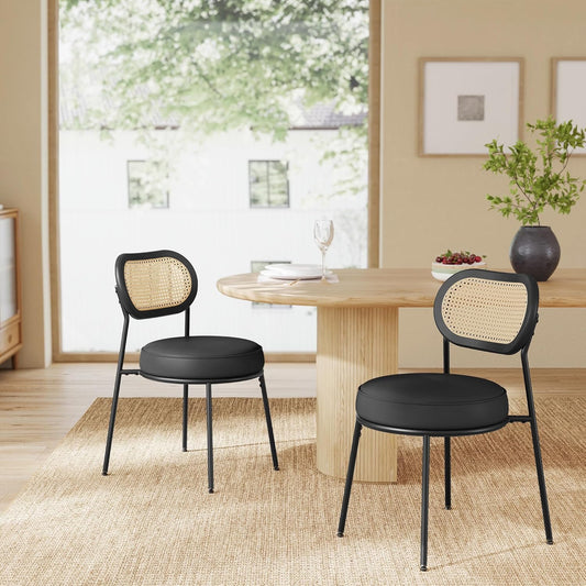 Dining Chairs, Set of 2 Accent Chair for Dining Room Kitchen, with Boho PE Rattan Back, Synthetic Leather Upholstery, Ink Black ULDC160B02