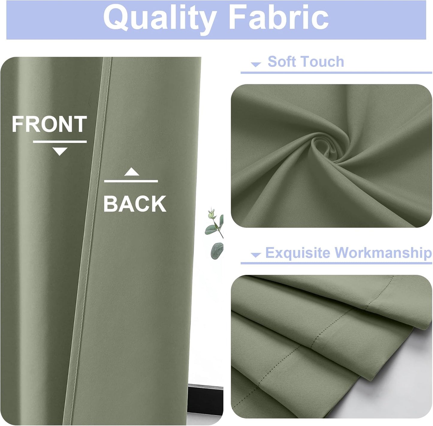 Ava Sage Green Blackout Curtains for Bedroom 63 Inch Length 2 Panels Set, Solid Thermal Insulated Energy Saving Rod Pocket Window Treatment Curtains Blackout Drapes, W40 X L63 Inch, Sage