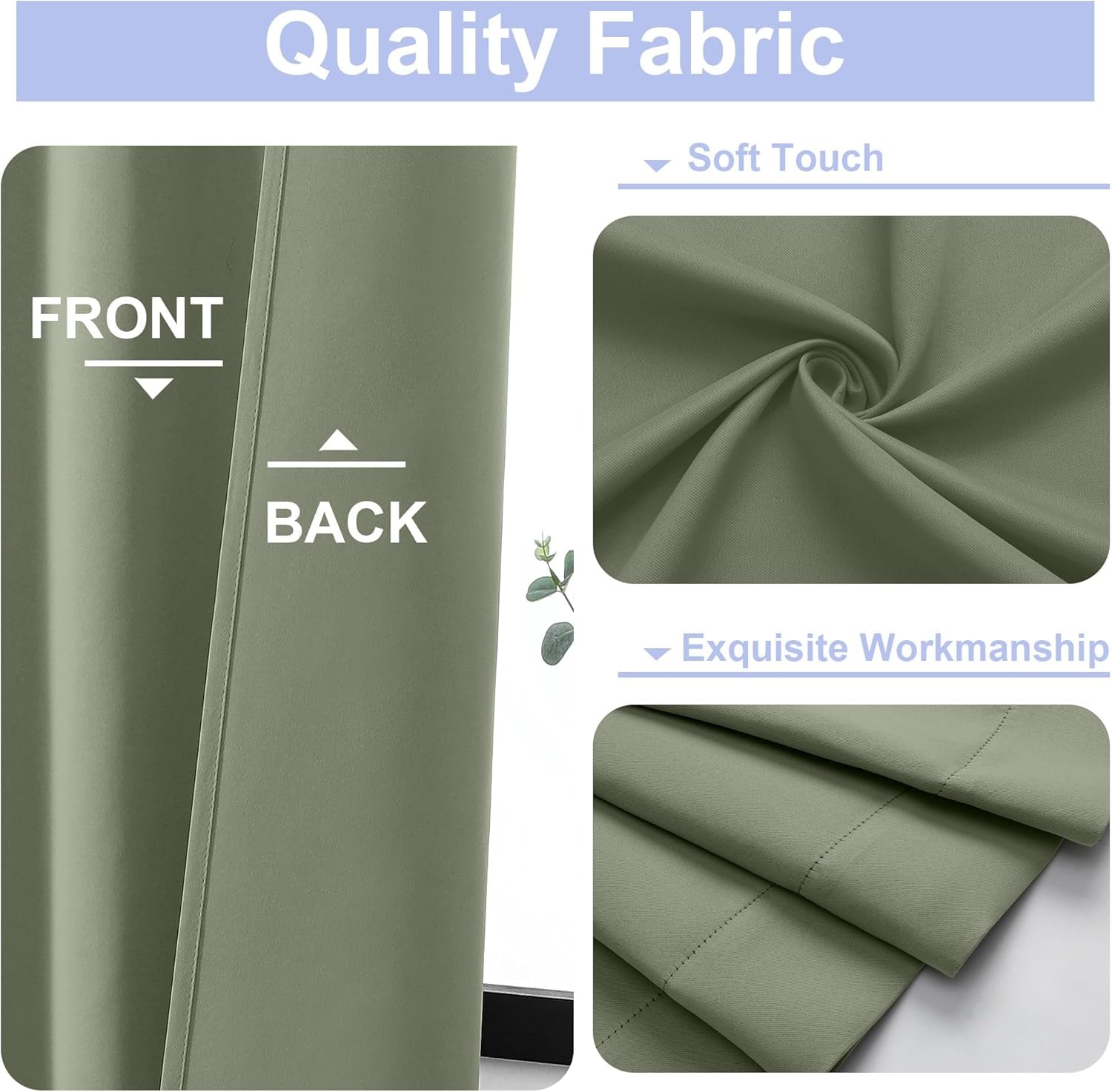 Ava Sage Green Blackout Curtains for Bedroom 63 Inch Length 2 Panels Set, Solid Thermal Insulated Energy Saving Rod Pocket Window Treatment Curtains Blackout Drapes, W40 X L63 Inch, Sage