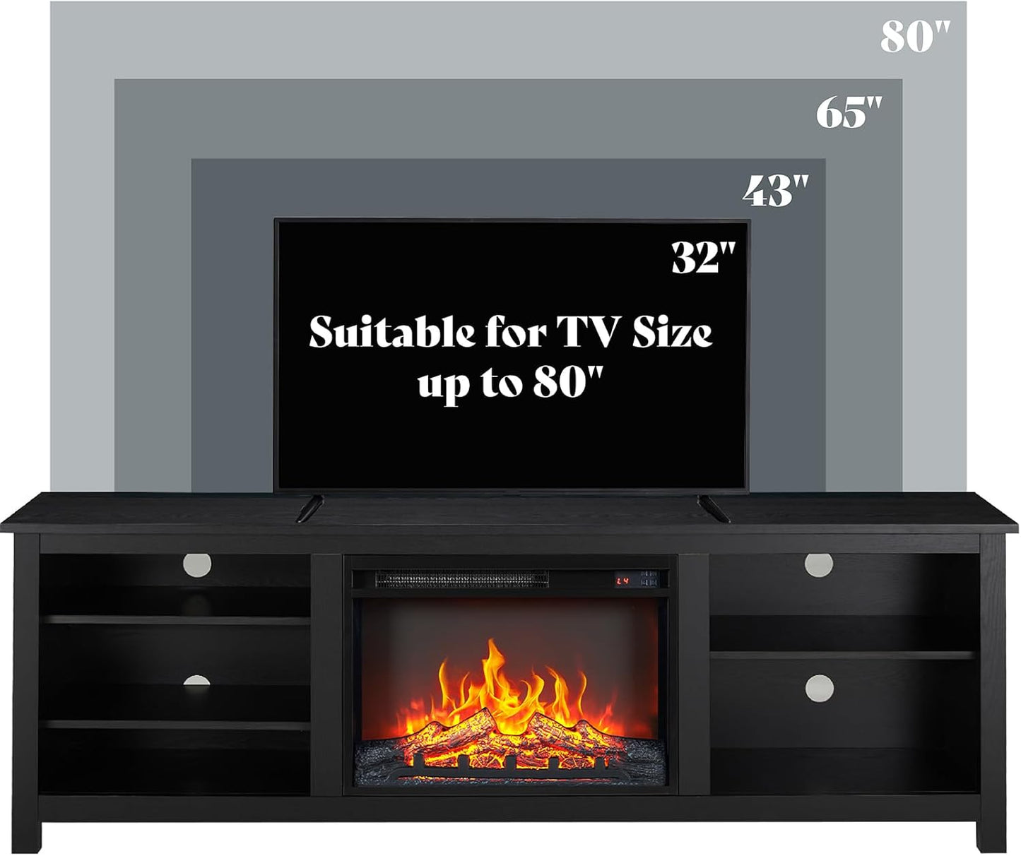 Fireplace TV Stand, Wood Texture Entertainment Center with 23'' Electric Fireplace, Farmhouse Entertainment Stand Media TV Console for Tvs up to 80'', 70 Inches, Black