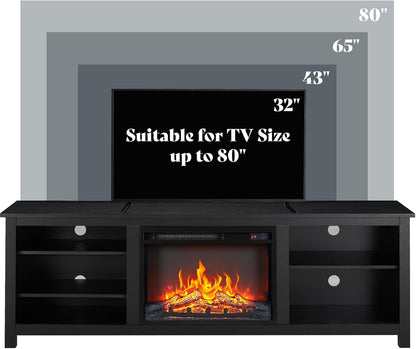 Fireplace TV Stand, Wood Texture Entertainment Center with 23'' Electric Fireplace, Farmhouse Entertainment Stand Media TV Console for Tvs up to 80'', 70 Inches, Black