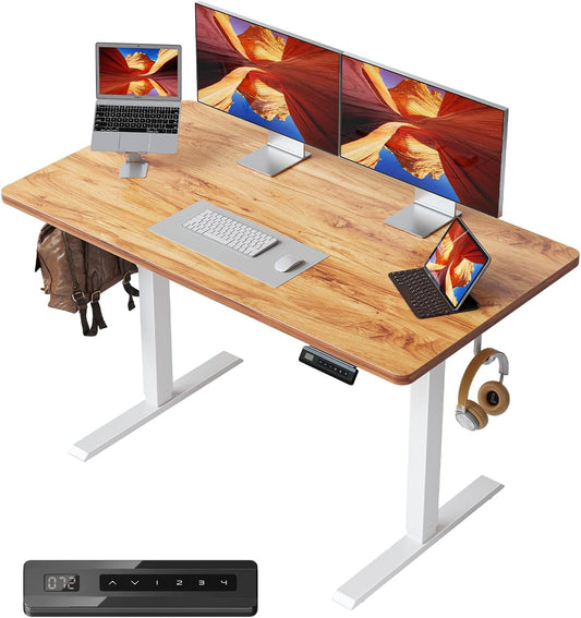 One-Piece Standing Desk Adjustable Height Stand up Home Office Desk, 48X24 Inch Electric Standing Computer Desk, with 4 Memory Presets, Headphone Hook, Light Rustic