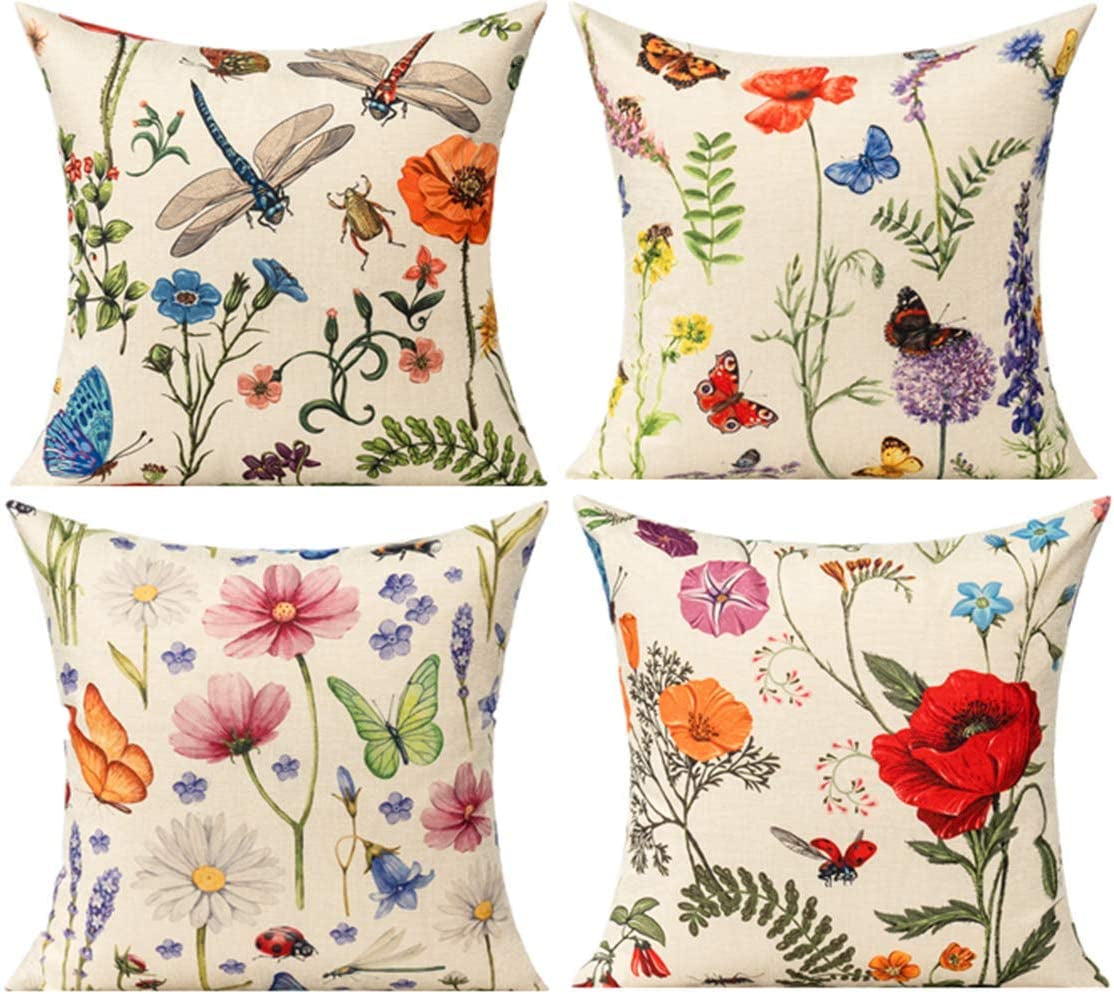 Outdoor Patio Throw Pillow Covers 18X18 Set of 4 Spring Summer Garden Flowers Farmhouse Décor outside Furniture Bench Chair Decorative Cushion Cases for Swing Deep Seat Bed Couch Sofa