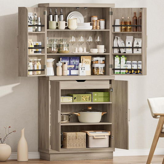 71" Tall Kitchen Pantry Cabinet, Pantry Storage Cabinet with 6 Door Shelves, Hidden Drawer and Adjustable Shelf, Freestanding Rustic Wood Pantry for Kitchen, Dining Room (Grey Oak)