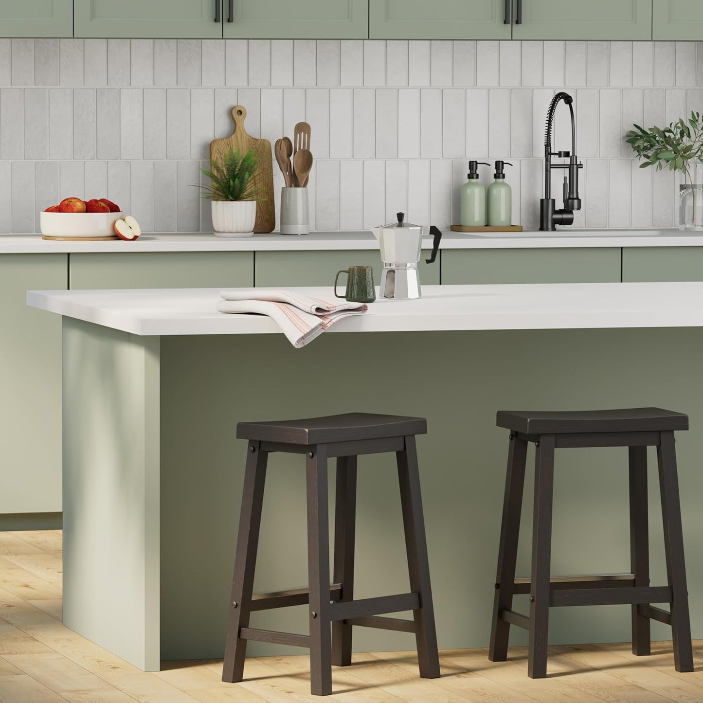 Solid Wood Saddle-Seat Kitchen Counter Barstool with Footrest, Easy Assembly - 24-Inch Height - Black - Set of 2