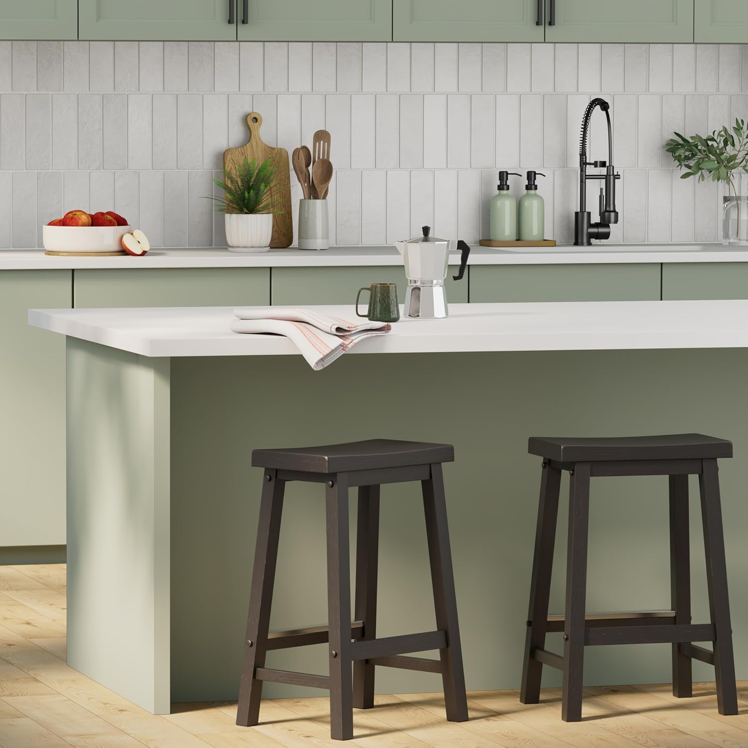 Solid Wood Saddle-Seat Kitchen Counter Barstool with Footrest, Easy Assembly - 24-Inch Height - Black - Set of 2