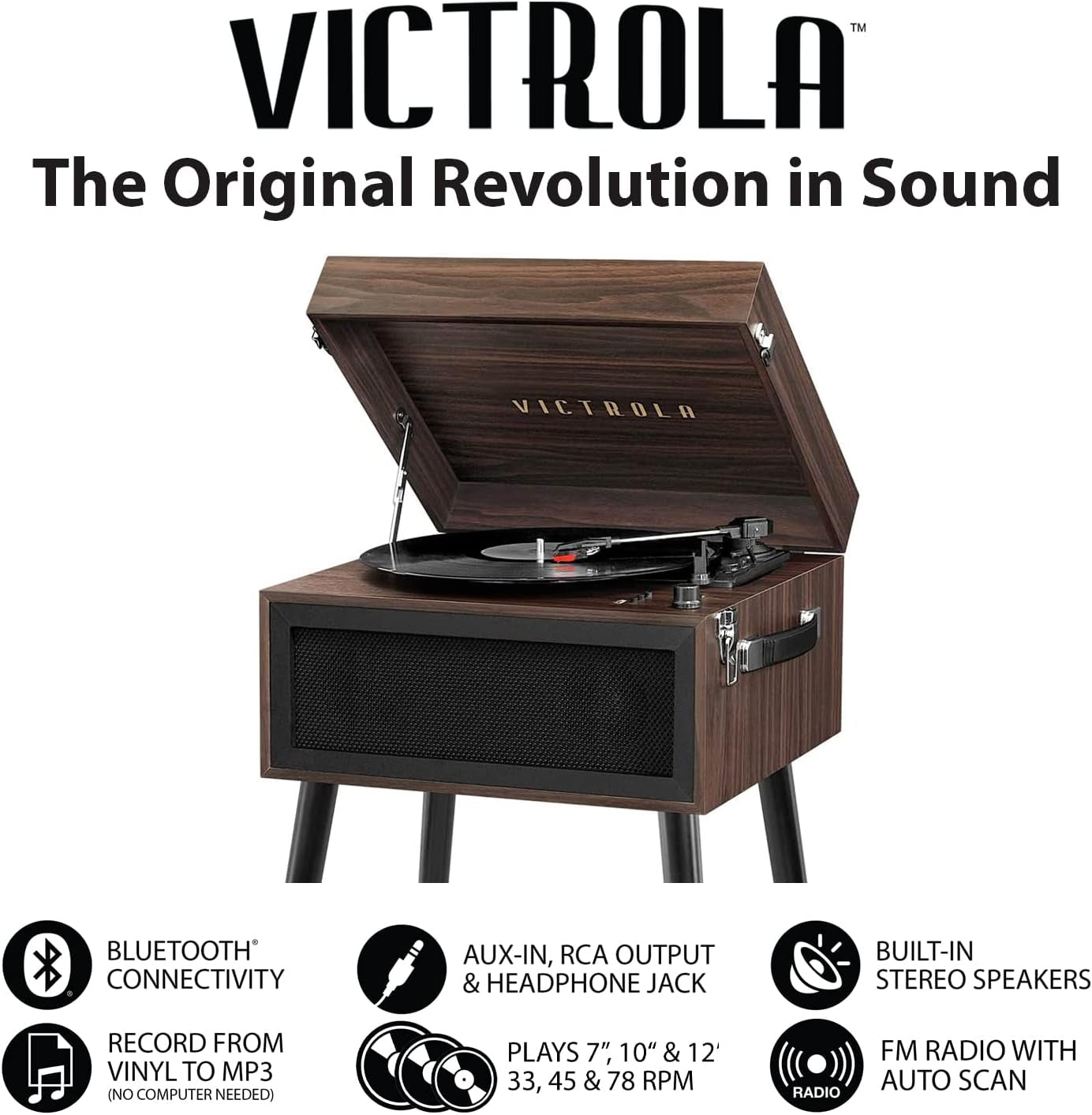 Liberty – Bluetooth Record Player – 5-In-1 Turntable with Vinyl Stream, FM Radio, USB Playback, Built-In Speakers, Use as Stand or Tabletop Player (Espresso)