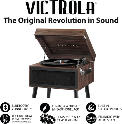 Liberty – Bluetooth Record Player – 5-In-1 Turntable with Vinyl Stream, FM Radio, USB Playback, Built-In Speakers, Use as Stand or Tabletop Player (Espresso)
