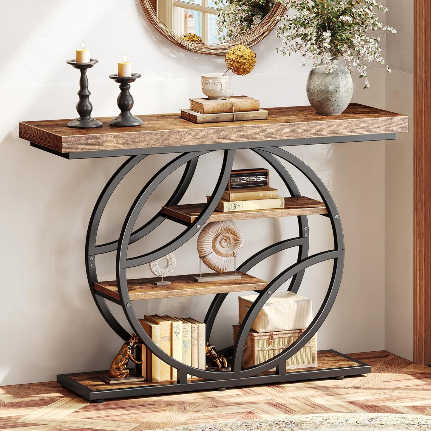 Modern Console Table, 41.3 Inch Sofa Table with Artistic Curved Metal Frame, Narrow Entryway Table for Hallway, Living Room, behind Couch, Rustic Brown