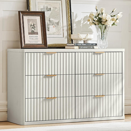 Fluted 6 Drawers Dresser, 48" Wide Modern Chest of Drawers with Wood Grain Top, Curved Profile Design, Dresser TV Stand, Wood Drawer Organizer for Bedroom, Living Room, Antique White