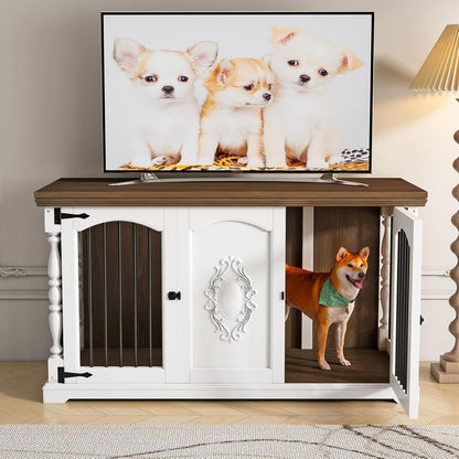 Dog Crate Furniture for 2 Dogs with Hand-Carved Patterns, All-Solid Wood Double Dog Crate & TV Stand, Large Dog Kennel with Divider for Giant Breeds, Heavy Duty Dog Cage, 62In（White）