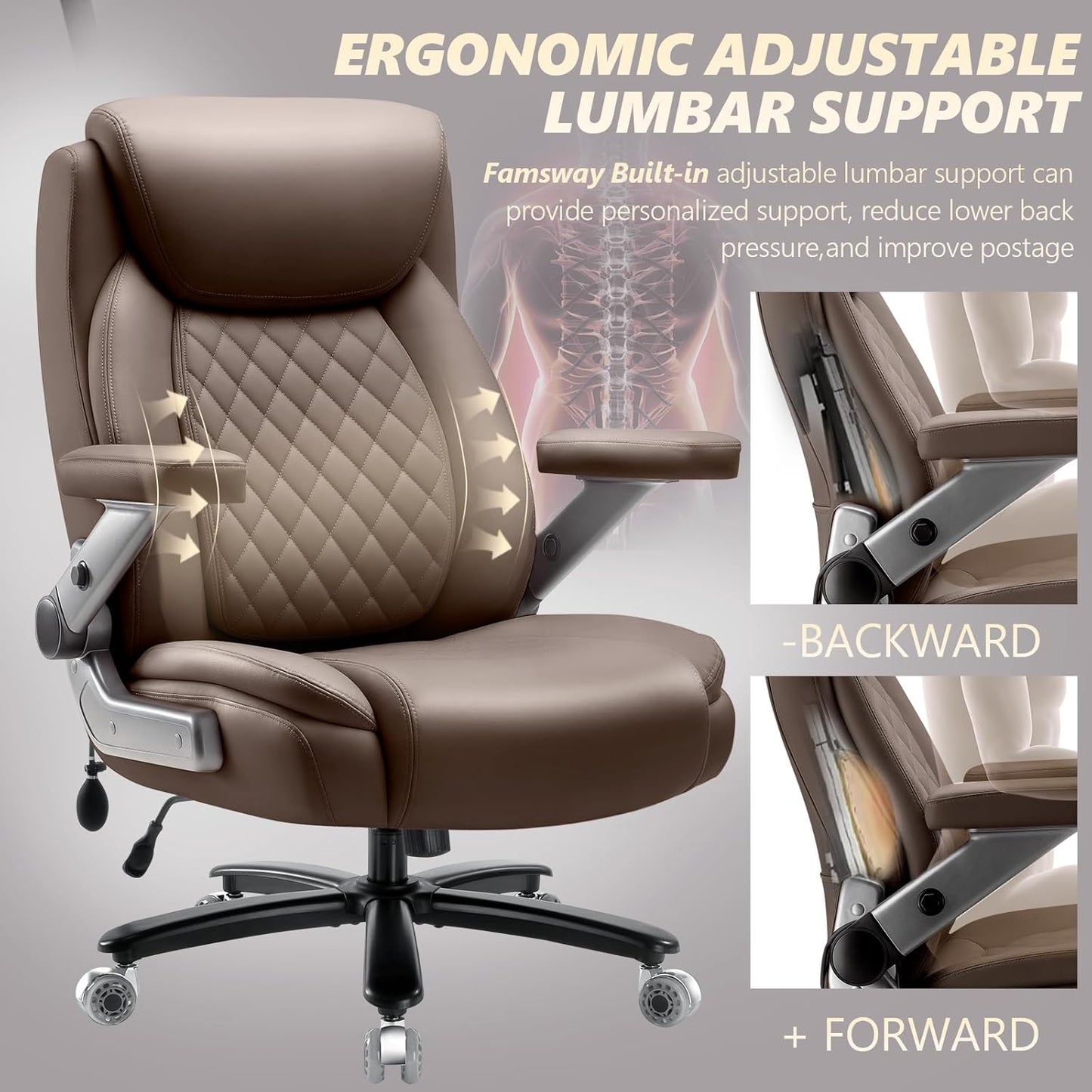 650LBS Big and Tall Office Chair with 5D Flip Arms and Thick Pocket Spring Cushion, Extra Wide Heavy Duty Office Chair with Adjustable Lumbar Support, Large High Back Computer Chair Dual Rubber Wheel