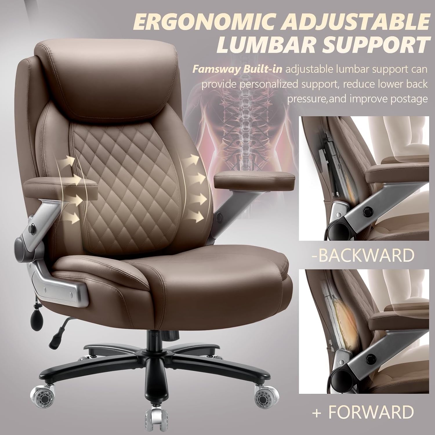 650LBS Big and Tall Office Chair with 5D Flip Arms and Thick Pocket Spring Cushion, Extra Wide Heavy Duty Office Chair with Adjustable Lumbar Support, Large High Back Computer Chair Dual Rubber Wheel