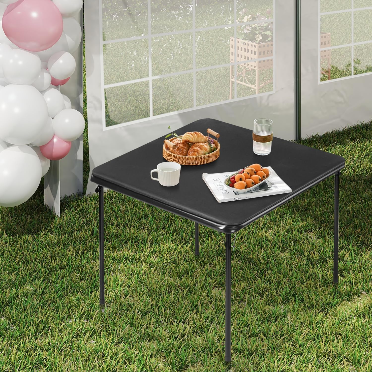 Square Folding Table, 33.9 Inch Card Table, Multi-Functional Foldable Portable for Indoor Outdoor Dining Panic Patio Balcony Backyard Poolside, PVC Tabletop, Metal Frame, Black