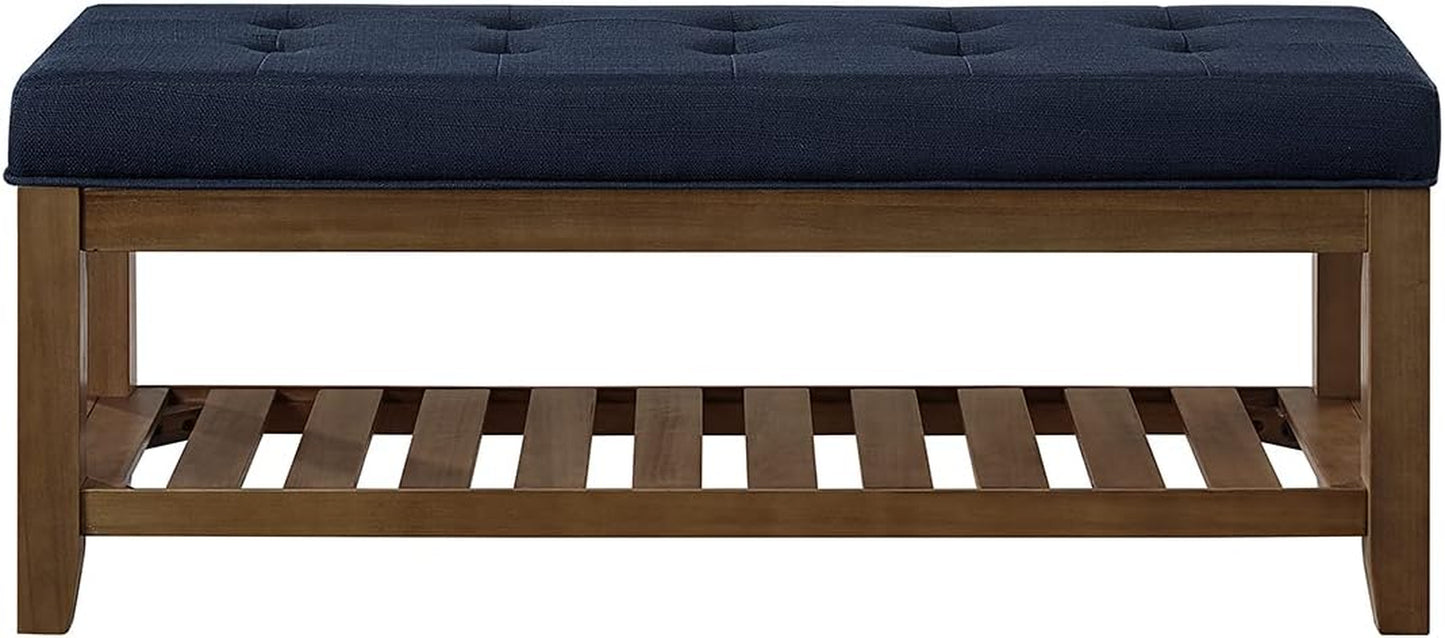 Large Rectangular Upholstered Tufted Linen Fabric Ottoman Bench, Padded Bench with Solid Wood Shelf-Navy Blue