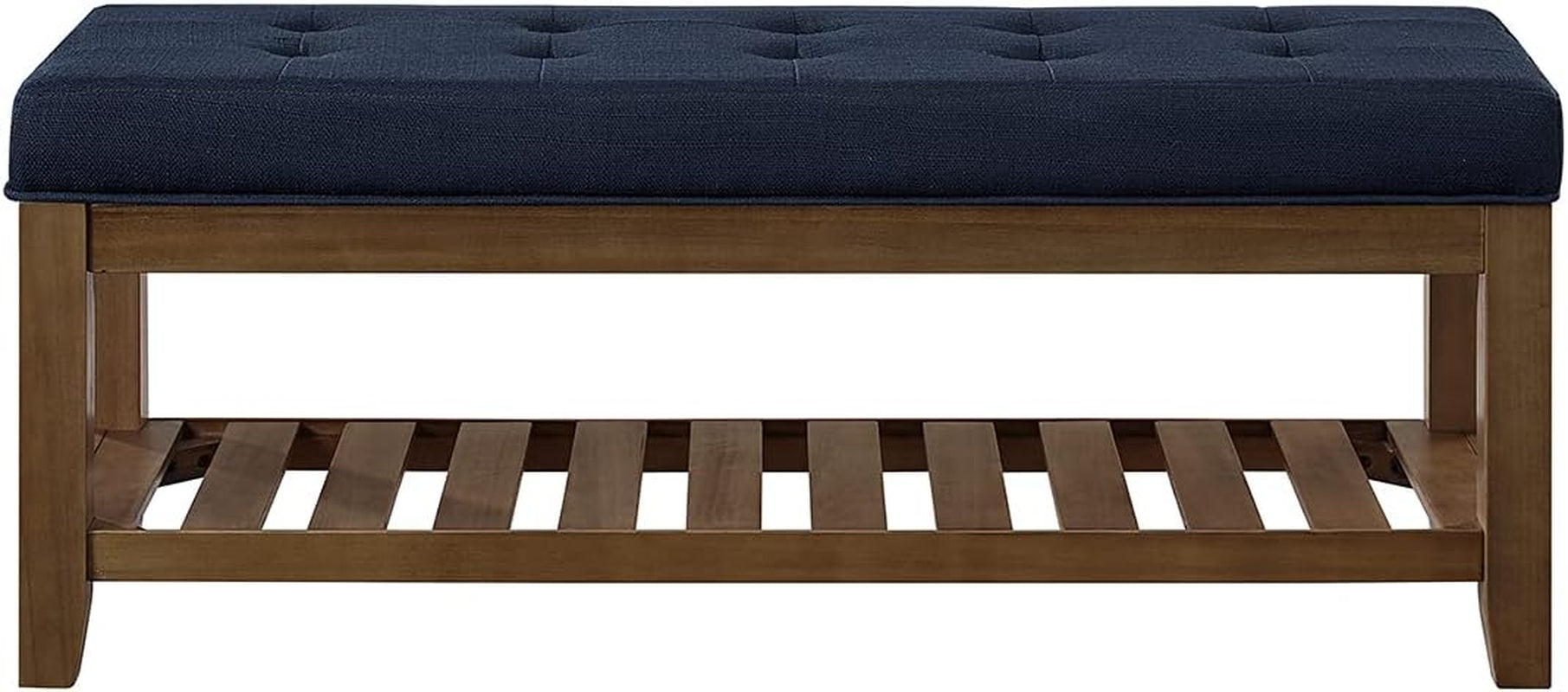 Large Rectangular Upholstered Tufted Linen Fabric Ottoman Bench, Padded Bench with Solid Wood Shelf-Navy Blue