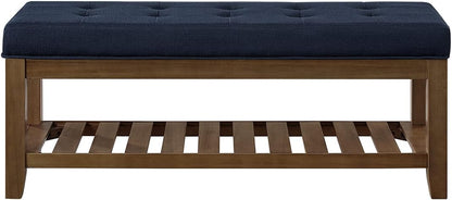 Large Rectangular Upholstered Tufted Linen Fabric Ottoman Bench, Padded Bench with Solid Wood Shelf-Navy Blue
