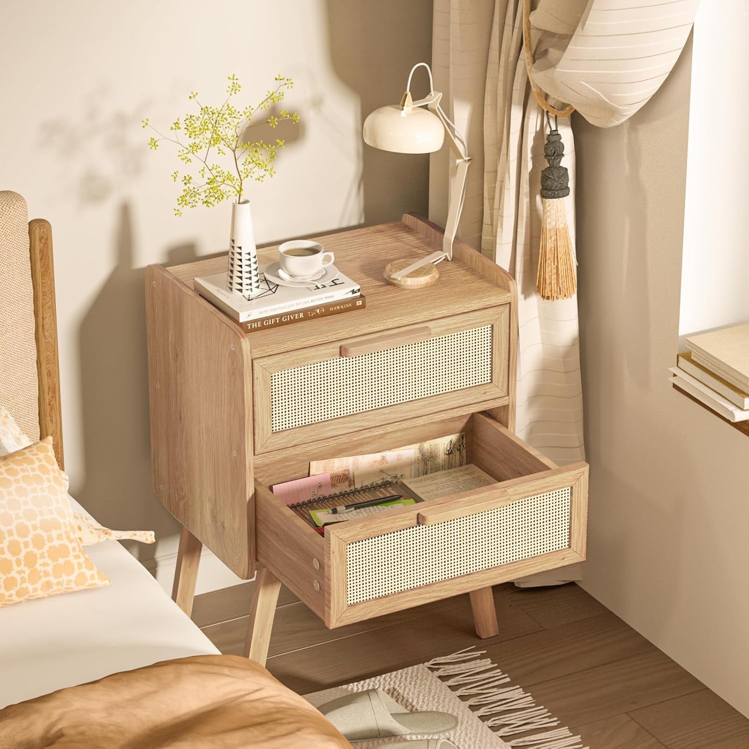 Rattan Nightstands Set of 2, Boho Night Stand with 2 Drawers, Cane Accent Side End Table, Bedside Table with Solid Wood Legs for Bedroom, Dorm and Small Spaces (Natural)