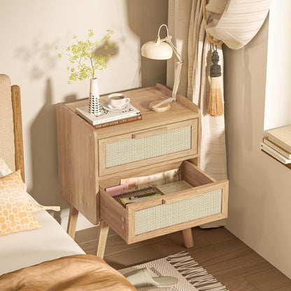 Rattan Nightstands Set of 2, Boho Night Stand with 2 Drawers, Cane Accent Side End Table, Bedside Table with Solid Wood Legs for Bedroom, Dorm and Small Spaces (Natural)