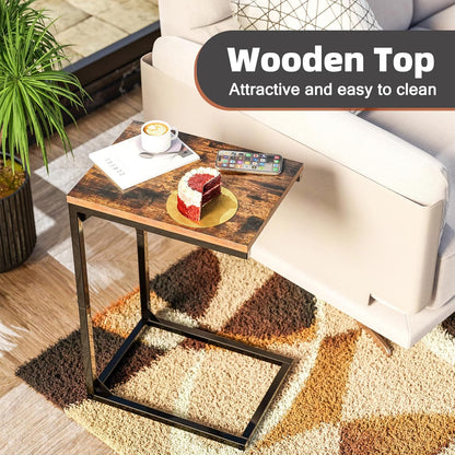 C Shaped End Table for Couch, Small Side Table TV Tray Table with Metal Frame for Living Room, Bedroom, Rustic Brown