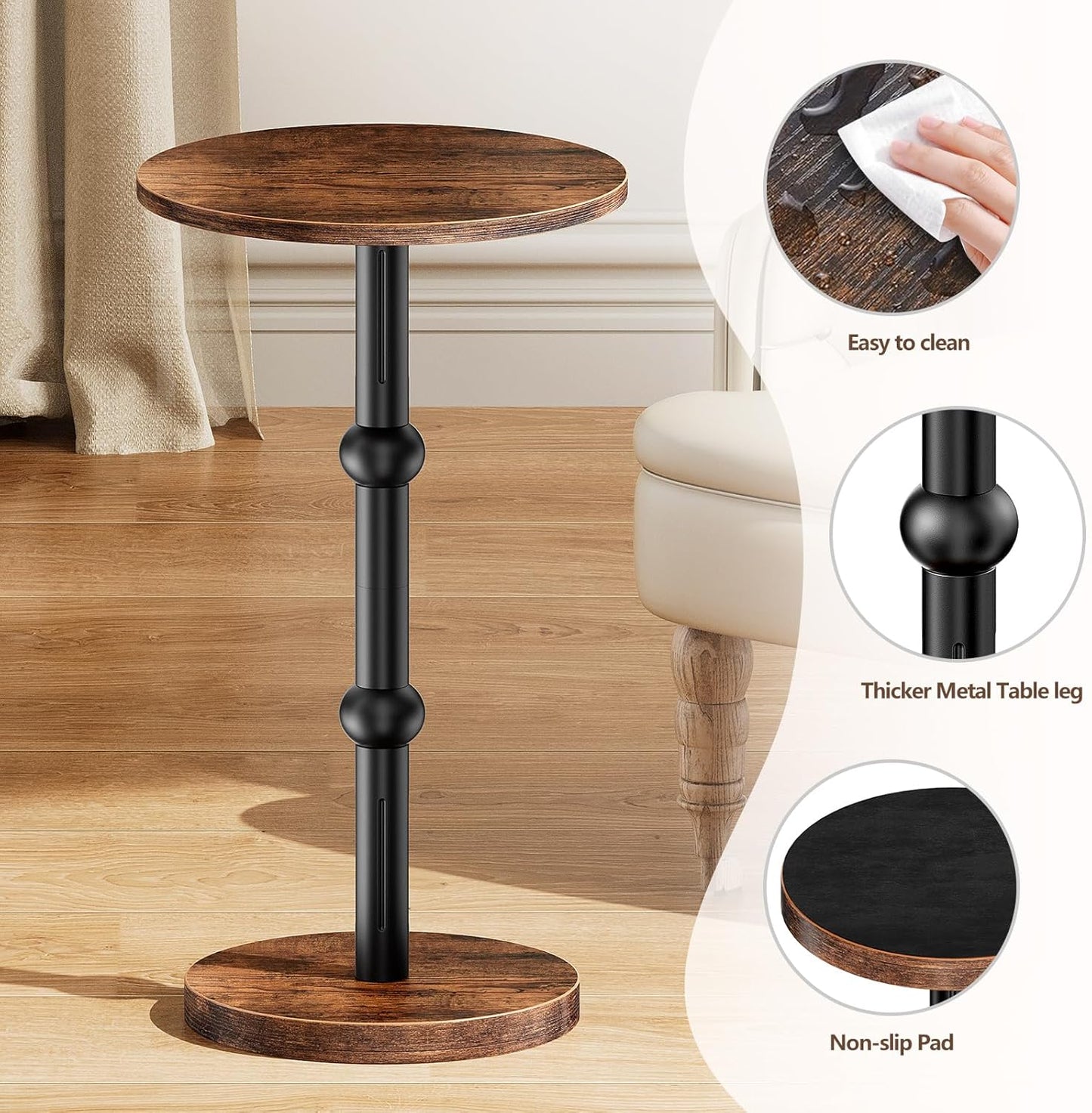 Drink Table, Small round Side Table for Small Spaces, Modern Accent round End Tables with Metal Leg, Thickened Wood Pedestal Coffee Tables for Living Room, Bedroom, Narrow Corners,Sofa Couch
