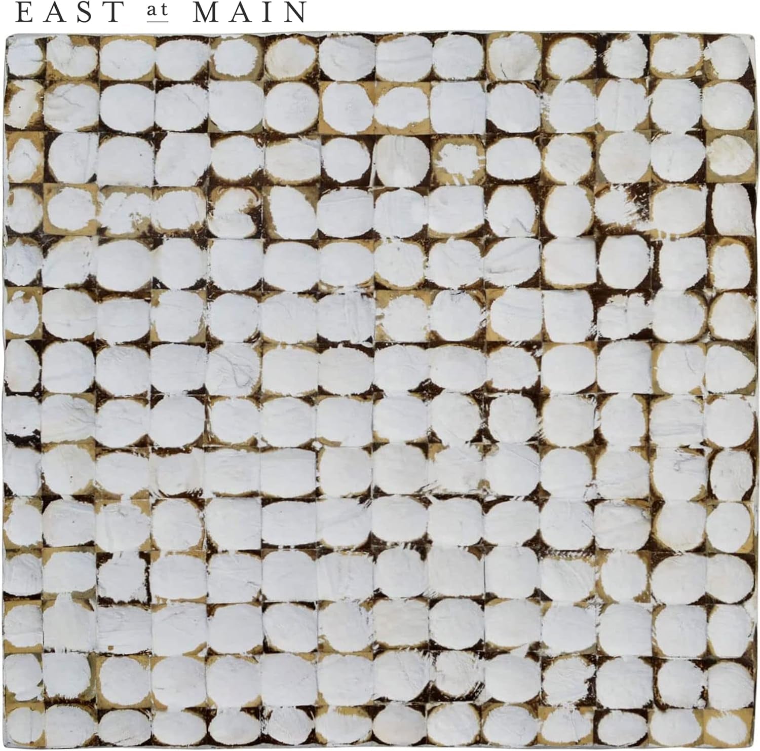 round Side Table - Real Coconut Shell Mosaic Inlaid, Pre-Assembled, Natural Wood and Patina Finish (White/Square)