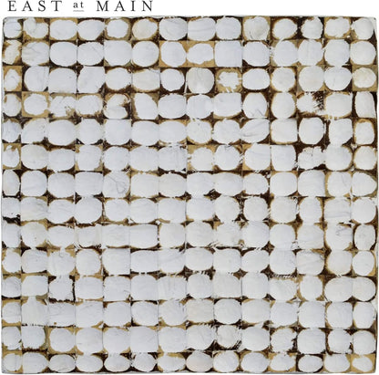round Side Table - Real Coconut Shell Mosaic Inlaid, Pre-Assembled, Natural Wood and Patina Finish (White/Square)