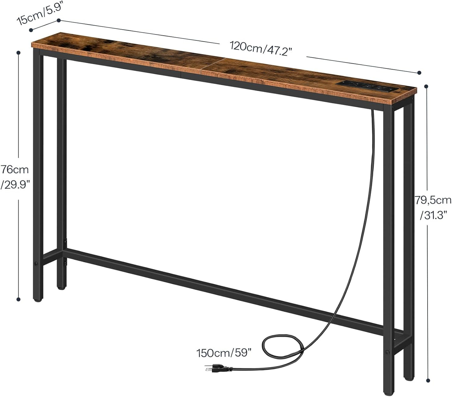 47.2" Narrow Console Table with Power Outlet, 5.9" behind Couch Table with Charging Station, Long Sofa Side Table, Skinny Entryway Table for Living Room, Hallway, Foyer, Rustic Brown BF15XG01G1