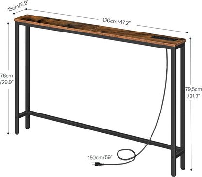 47.2" Narrow Console Table with Power Outlet, 5.9" behind Couch Table with Charging Station, Long Sofa Side Table, Skinny Entryway Table for Living Room, Hallway, Foyer, Rustic Brown BF15XG01G1