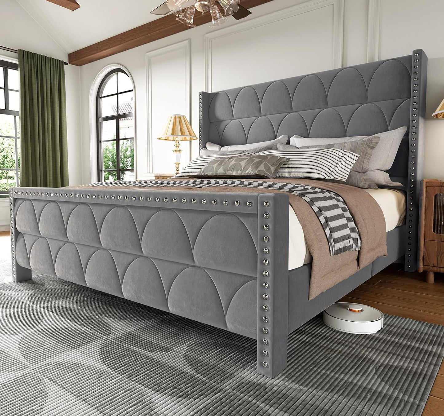 King Size Bed Frame with 56" Headboard - Velvet Upholstered Wingback Platform Bed Frame, Noise Free, Sturdy Wooden Slat Support (Deep Gray, King)
