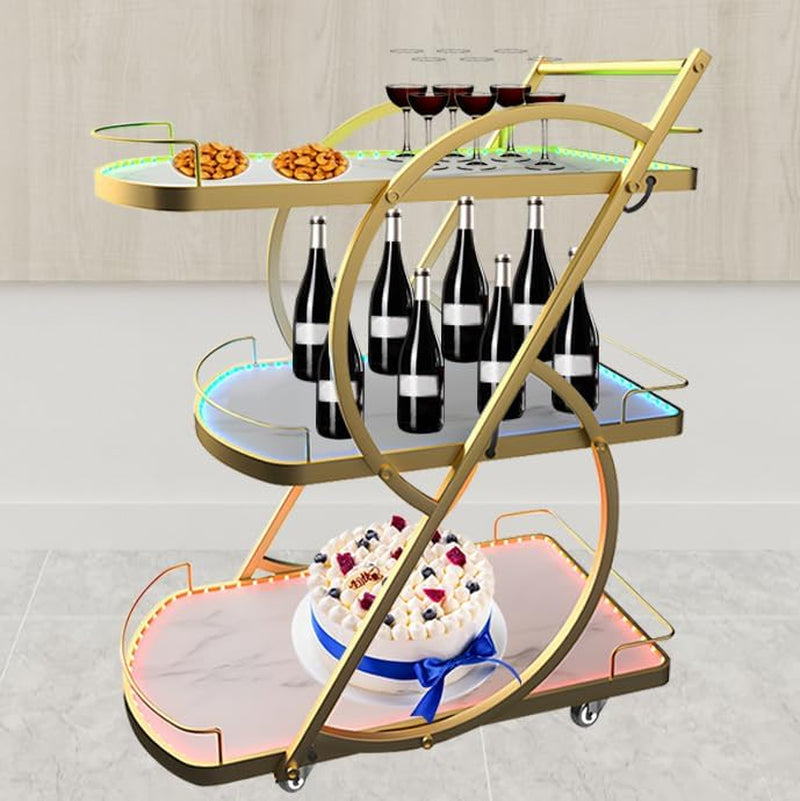 Serving Cart with Light, 3 Tiers Home Bar Serving Wine Trolly with Casters, Movable Beverage Cart with Handle for Kitchen Diningroom Bars Hotel Parties(Gold, 30.7X17.3X38.6 In)