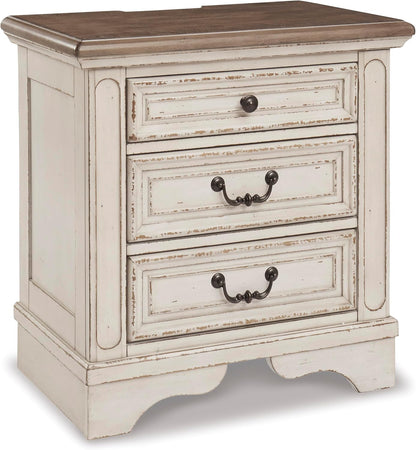 Realyn French Country 3 Drawer Nightstand with Electrical Outlets & USB Ports, 27.75" Tall, Chipped White