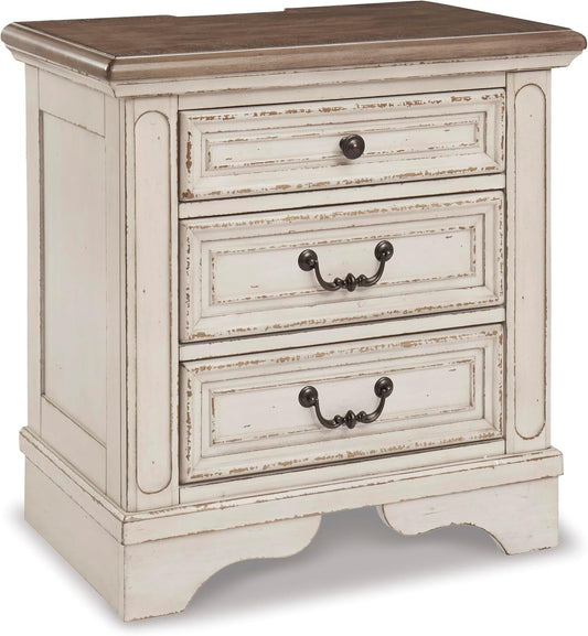 Realyn French Country 3 Drawer Nightstand with Electrical Outlets & USB Ports, 27.75" Tall, Chipped White