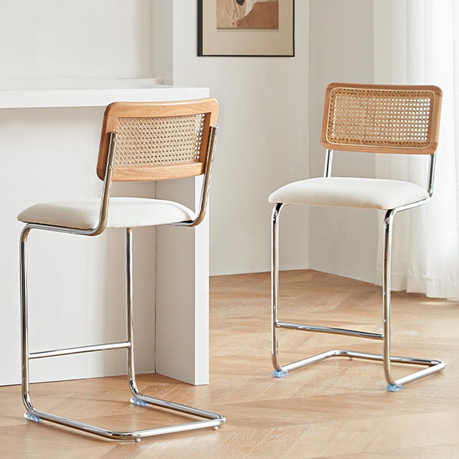 Natural Rattan Counter Height Stools Set of 2 with Solid Wood Back, 24 Inch Mid Century Modern Cesca Bar Stools, White Upholstery Boho Stool for Kitchen Counter with Chrome Metal Legs