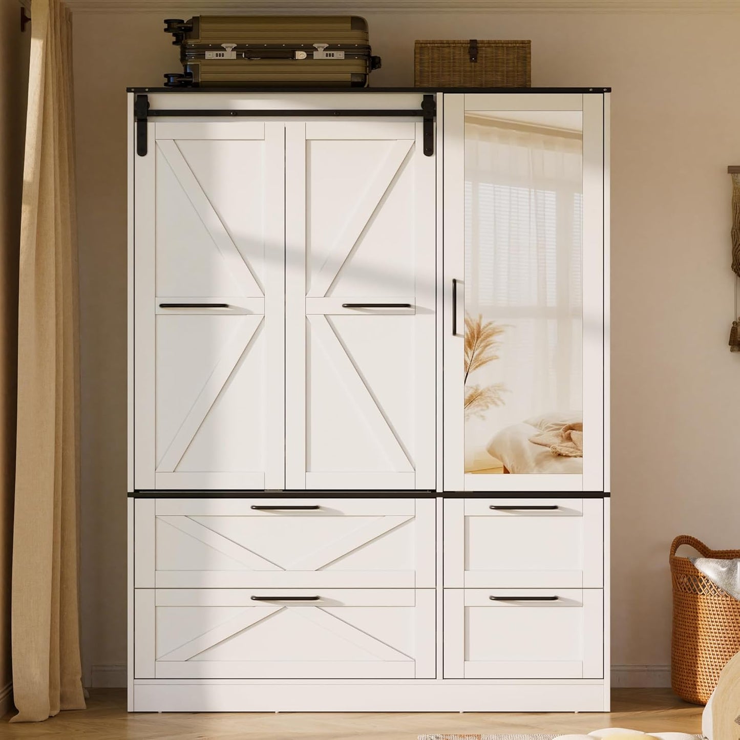 Armoire Wardrobe Closet with W/Folding Sliding Barn Door, Bedroom Armoires with Mirror and Sensor Lights, Hanging Rod, Wardrobe Closet for Bedroom (19.69" D X 47.24" W X 72.83" H)