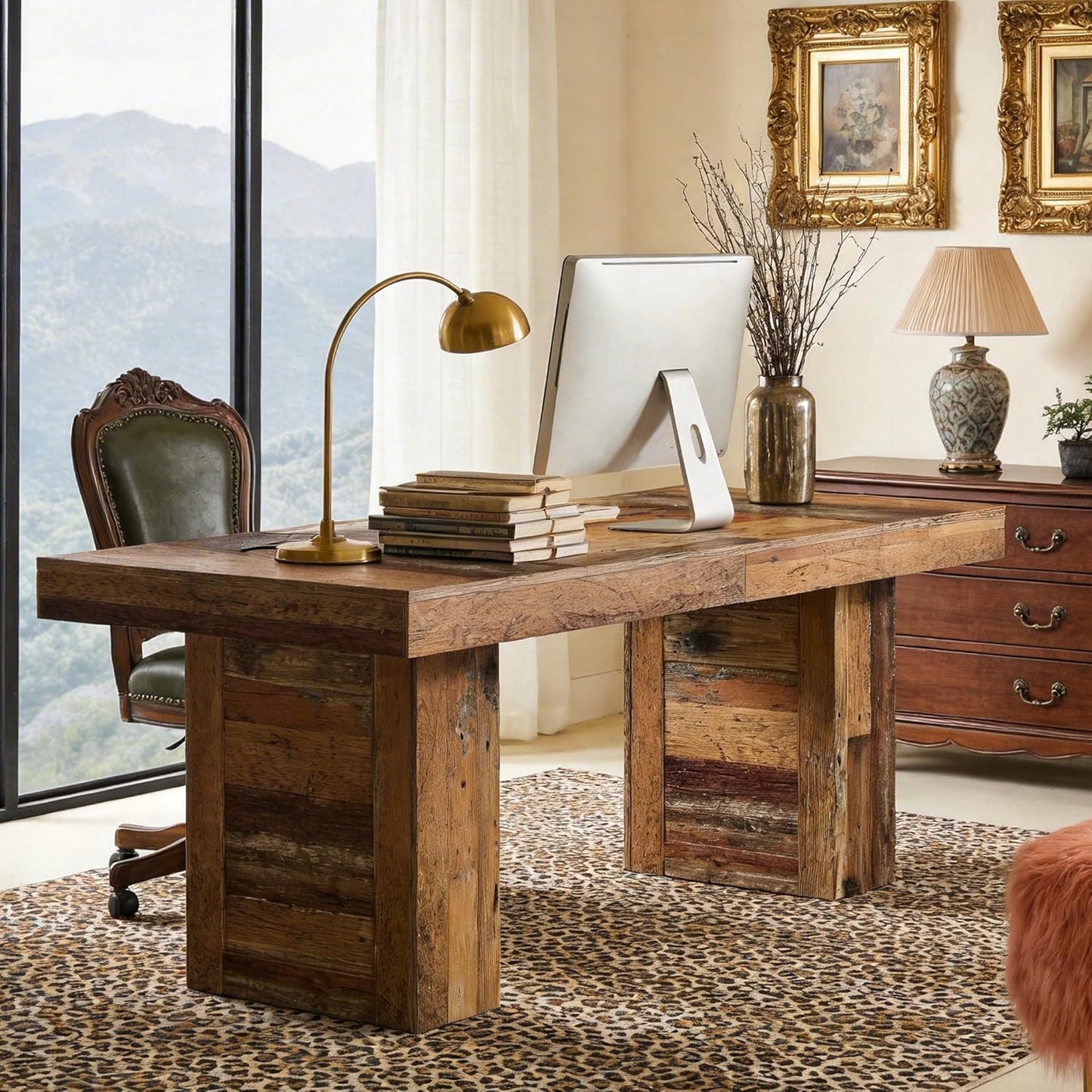 63" Large Executive Desk, Farmhouse Computer Office Desk Wooden Writing Table Rustic Rectangle Business Workspace Table for Home Office, Distressd Brown