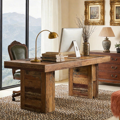 63" Large Executive Desk, Farmhouse Computer Office Desk Wooden Writing Table Rustic Rectangle Business Workspace Table for Home Office, Distressd Brown