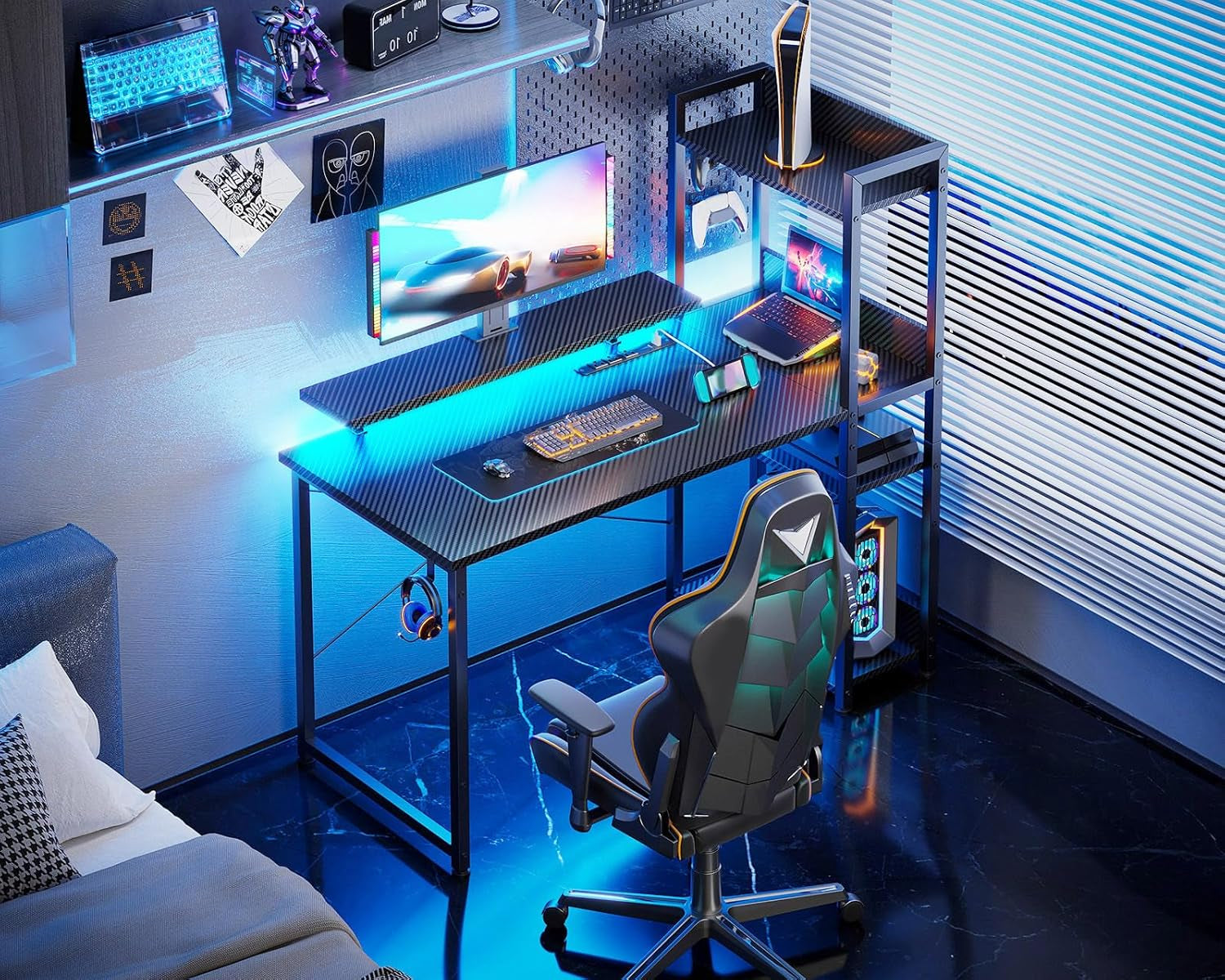 Reversible Gaming Desk LED Lights, 40 Inch Computer Desk with Storage Shelves & Monitor Stand, Study Table for Home Office, Small Space Bedroom, Carbon Fiber Black