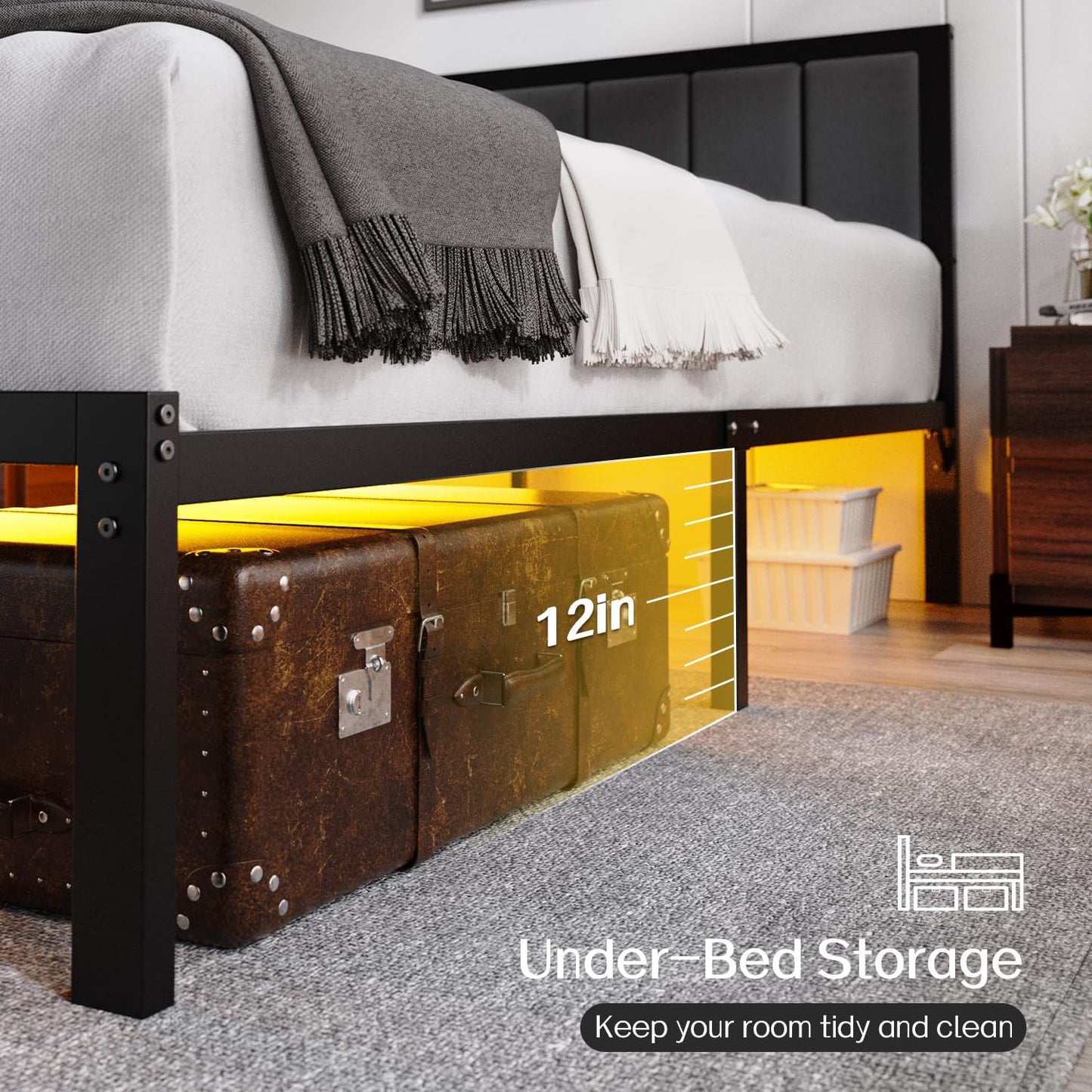 Full Bed Frame with Headboard Metal Platform Bed Full Size with USB Charging Station and LED Lights, No Box Spring Needed